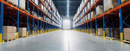 A warehouse filled with boxes and pallets photo