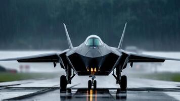 F-22 fighter jet on the runway in the rain photo