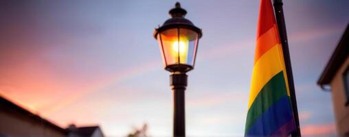 Lgbt flag on a lamp post at sunset photo