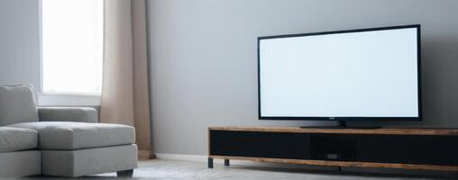 Modern living room with tv in the middle of the room photo