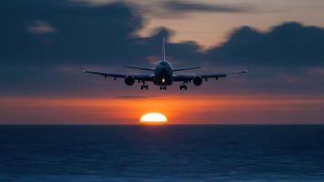 A plane flying over the ocean at sunset photo