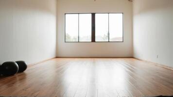 An empty room with a wooden floor and yoga balls photo