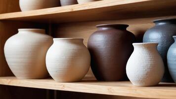 Several vases are lined up on a wooden shelf photo