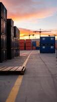 A warehouse full of shipping containers and pallets at sunset photo