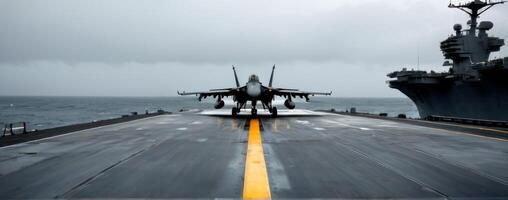 A fighter jet on the flight deck of an aircraft carrier photo