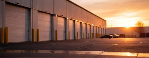 The sun is setting behind a row of garage doors photo