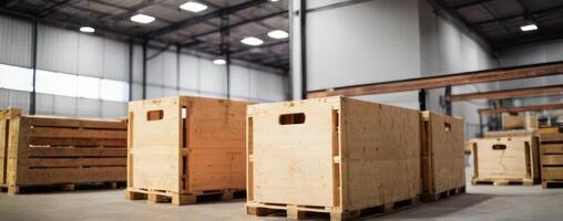 A warehouse full of wooden crates and pallets photo