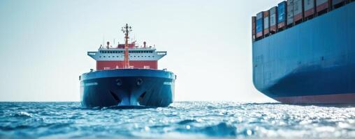A large container ship is next to another ship in the ocean photo