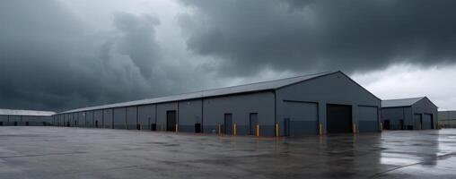 A grey building with dark clouds in the sky photo