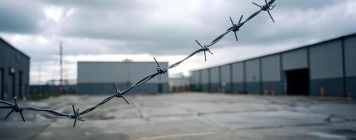 Barbed wire in front of a warehouse photo