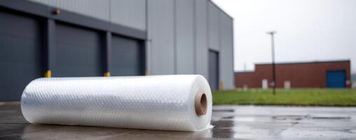 A roll of bubble wrap sitting in front of an industrial building photo