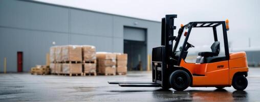A forklift is parked in front of an industrial warehouse photo