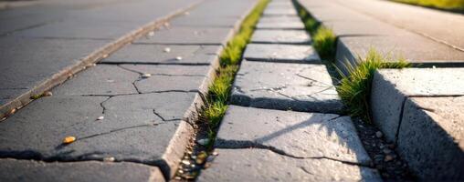 A sidewalk with cracks and grass growing on it photo