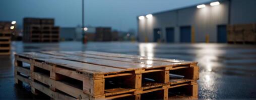 A warehouse with pallets in the rain photo