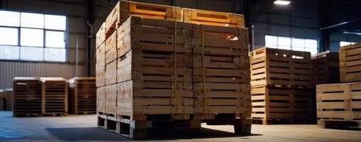 A warehouse full of wooden crates and pallets photo