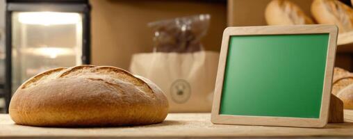 A bakery with bread and green board in front of it photo