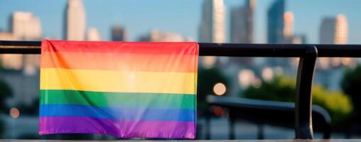 Lgbt pride flag on a railing with city skyline in the background photo