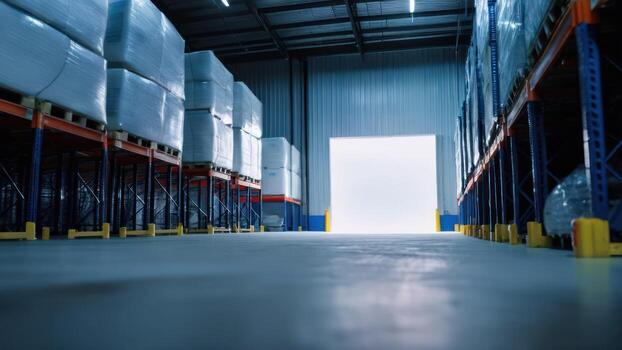A warehouse filled with pallets and boxes photo