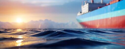 A large container ship in the ocean at sunset photo