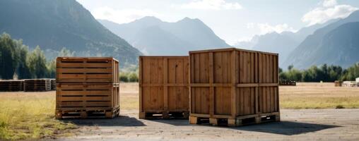 Three wooden crates in front of mountains photo