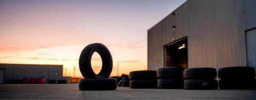 Tires in front of a building at sunset photo
