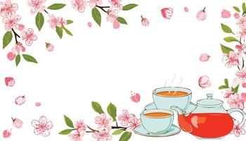 A tea set and flowers with a copy space vector