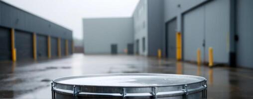 A metal drum sits on the floor of an industrial warehouse photo