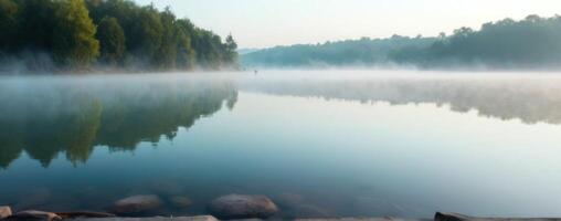 A misty lake surrounded by trees photo