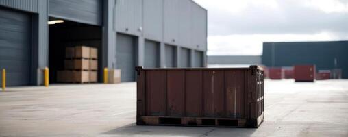 A wooden crate sits in front of an industrial warehouse photo