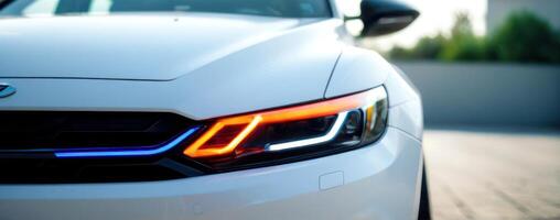 The headlights of a white car with blue lights photo