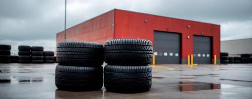 A stack of tires in front of an industrial building photo