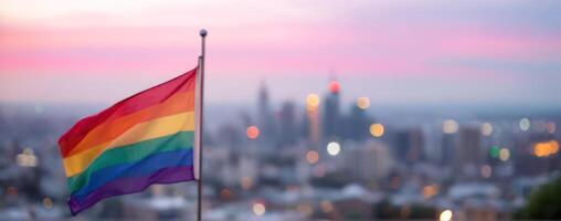 Lgbt pride flag in front of a city skyline photo