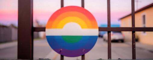 A rainbow flag is seen on the side of an iron fence photo