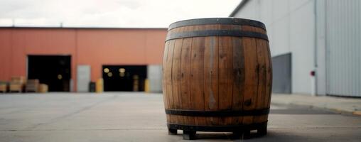 A wooden barrel sits in front of an industrial building photo