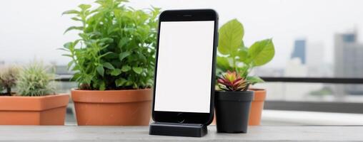 A cell phone sitting on top of some potted plants photo