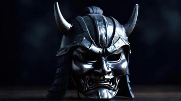 A silver samurai mask with horns on it photo
