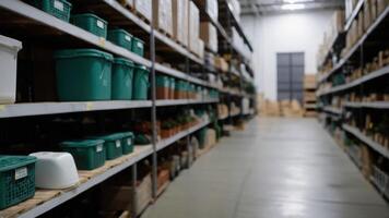 A warehouse with green containers on shelves photo