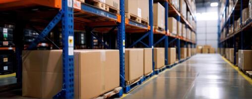 A warehouse filled with boxes and pallets photo