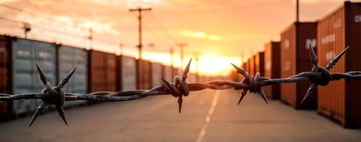 A barbed wire fence with containers in the background photo