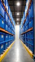 A warehouse with blue bins on the shelves photo