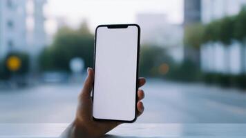 A woman holding an iphone xr with an empty screen photo