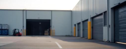 An empty warehouse with a forklift in the background photo