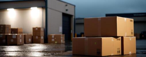 Stacked boxes in front of a warehouse at night photo