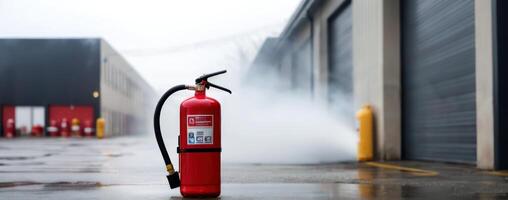 A fire extinguisher sits in front of an industrial building photo
