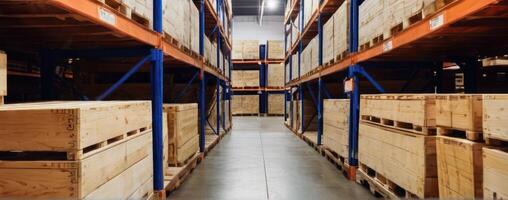 A warehouse filled with pallets and wooden crates photo