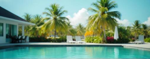 A swimming pool with palm trees in the background photo