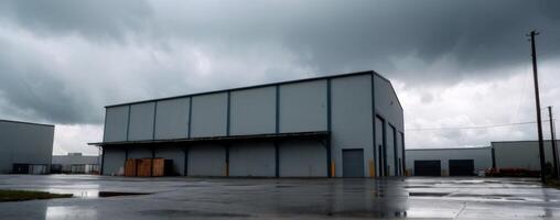 A large warehouse with dark clouds in the sky photo