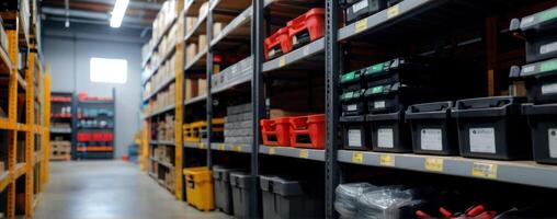 A warehouse filled with boxes and bins photo