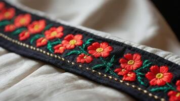 A close up of an embroidered dress with red and yellow flowers photo