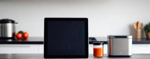 An ipad tablet and a juicer on the kitchen counter photo